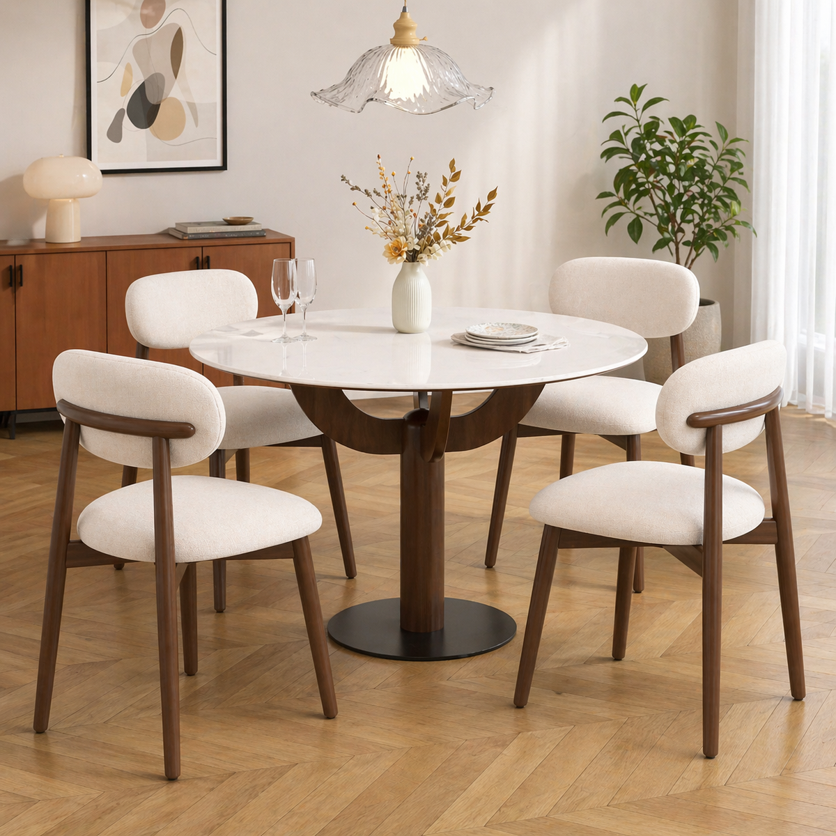 Manbaolan Solid Wood & Sintered Stone Round Dining Table – Ideal for Small Homes